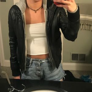 Obey leather jacket with built in hoodie